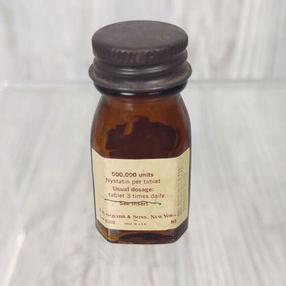 Vintage 1971 Squibb Pharmacy Nystatin Tablets Empty Glass Container - Picture 3 of 7